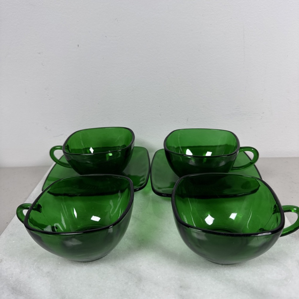 Vintage Anchor Hocking Charm Forest Green 4 Cups And 2 Sauces